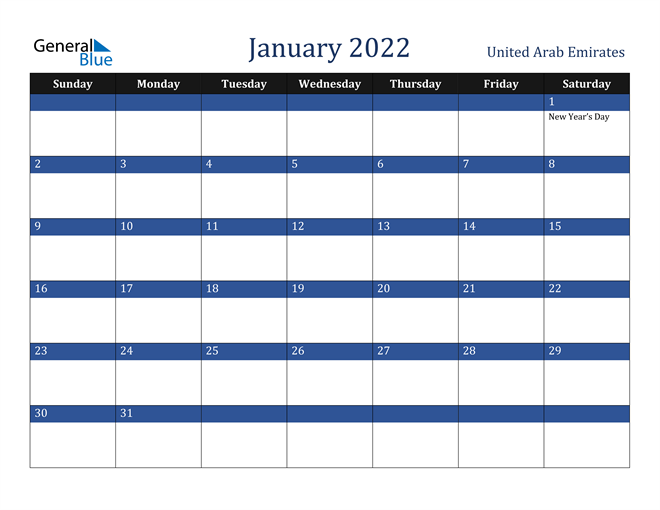 January 2022 United Arab Emirates Calendar