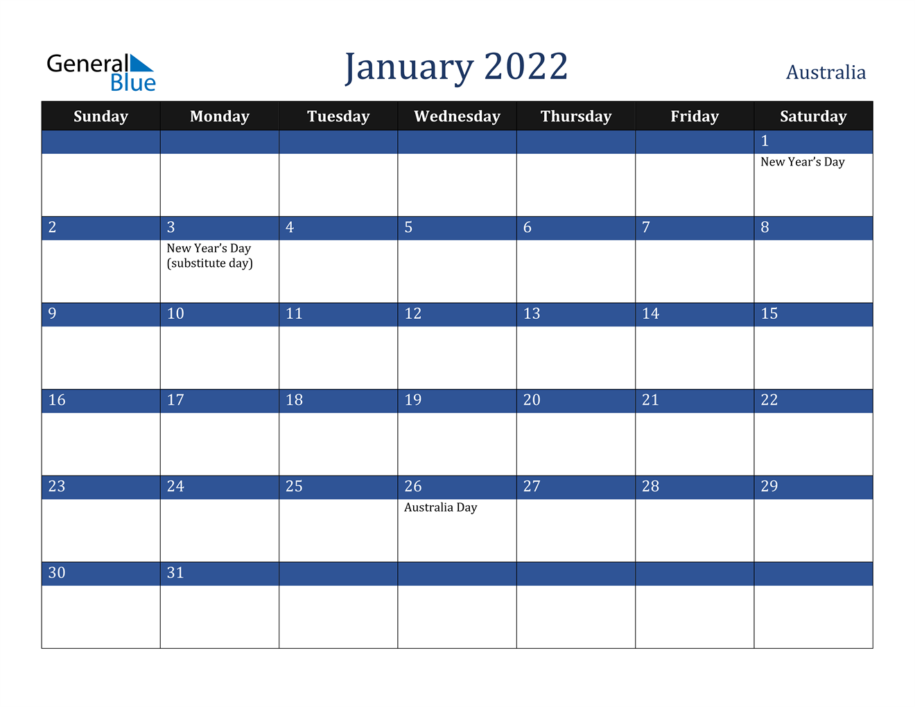 january 2022 calendar australia