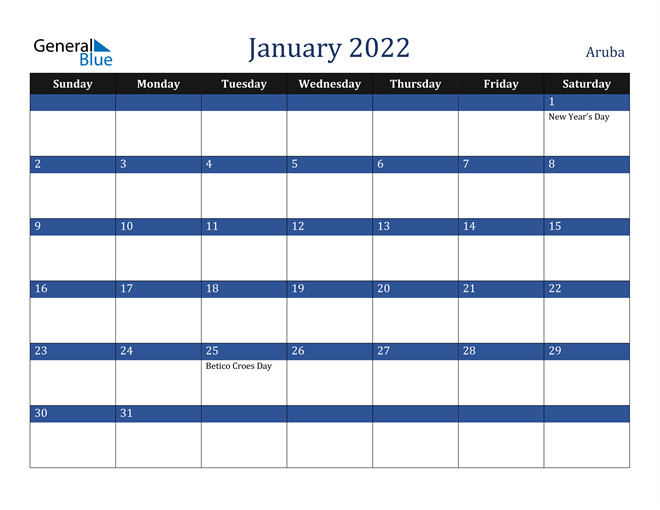 January 2022 Aruba Calendar