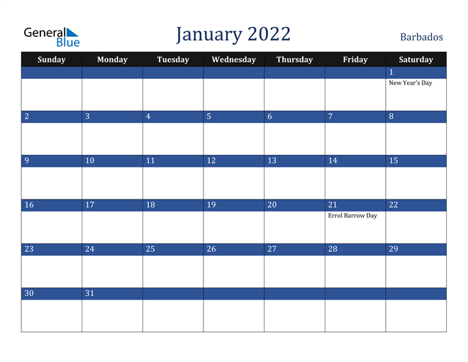 Barbados January 2022 Calendar with Holidays