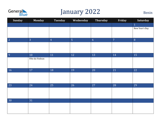 January 2022 Benin Calendar