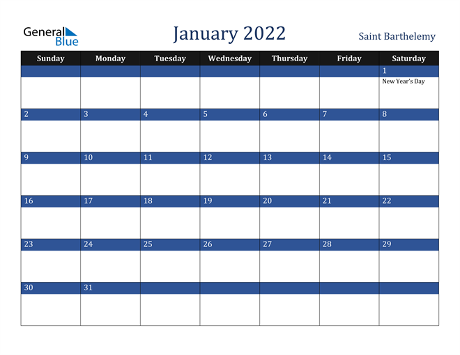 January 2022 Saint Barthelemy Calendar
