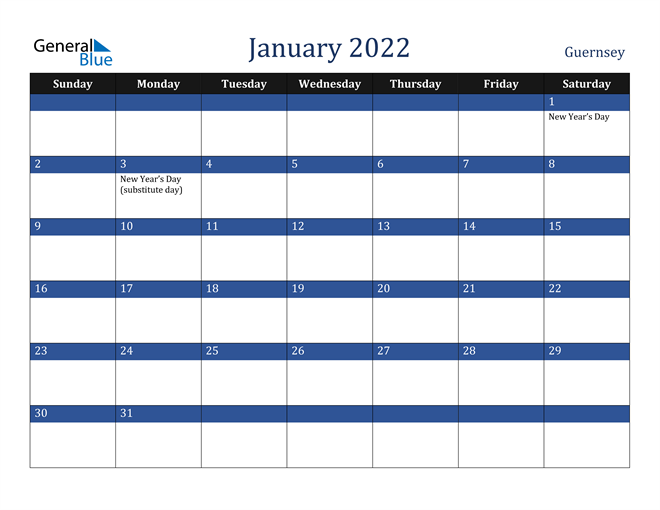 January 2022 Guernsey Calendar