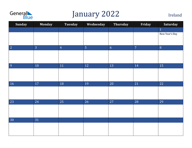 january 2022 calendar with ireland holidays