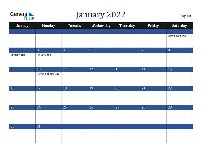 Japan January 2022 Calendar with Holidays