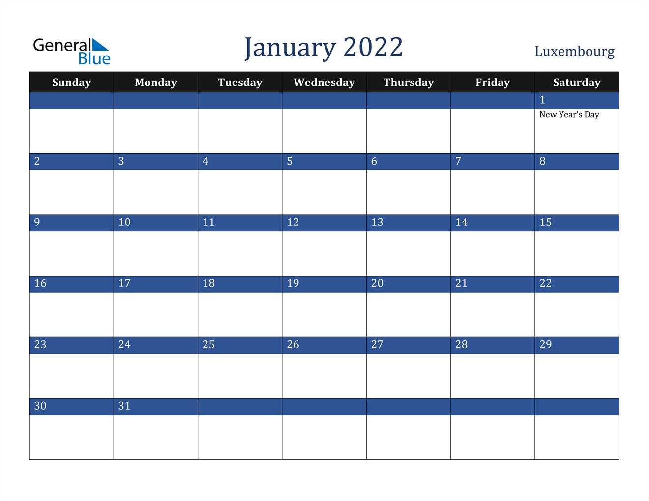 January 2022 Calendar - Luxembourg