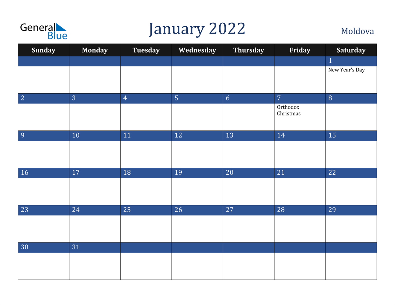 Moldova January 2022 Calendar With Holidays