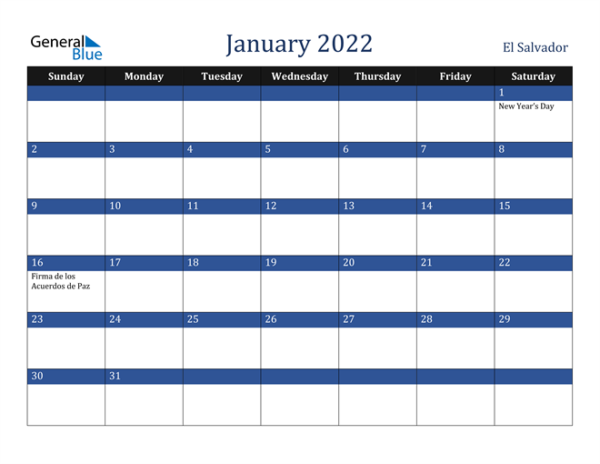 January 2022 El Salvador Calendar