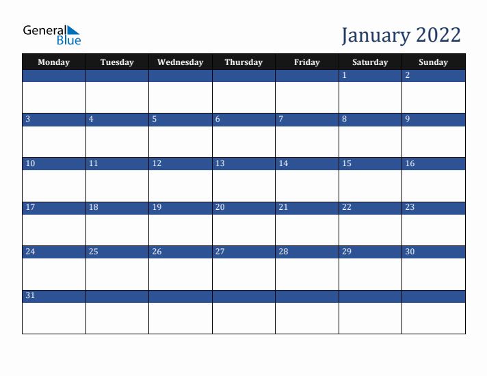 Monday Start Calendar for January 2022