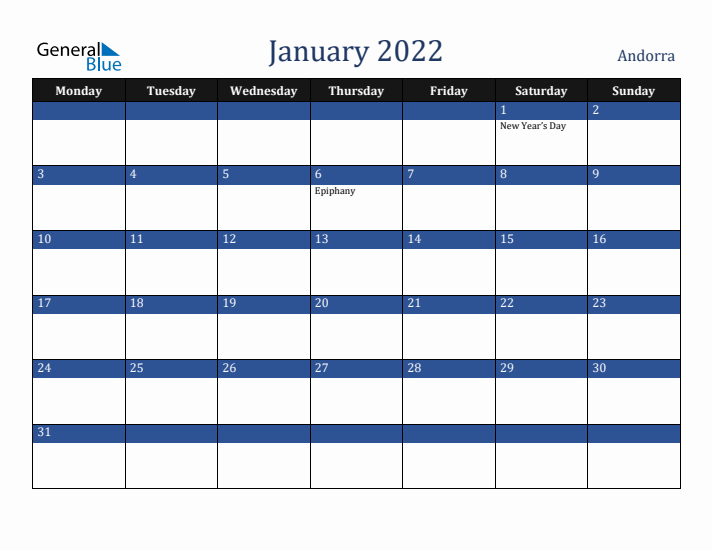 January 2022 Andorra Calendar (Monday Start)