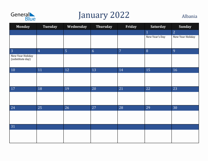 January 2022 Albania Calendar (Monday Start)