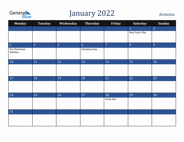 January 2022 Armenia Calendar (Monday Start)