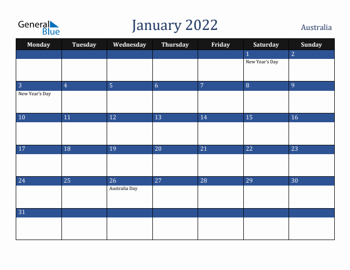 January 2022 Australia Calendar (Monday Start)