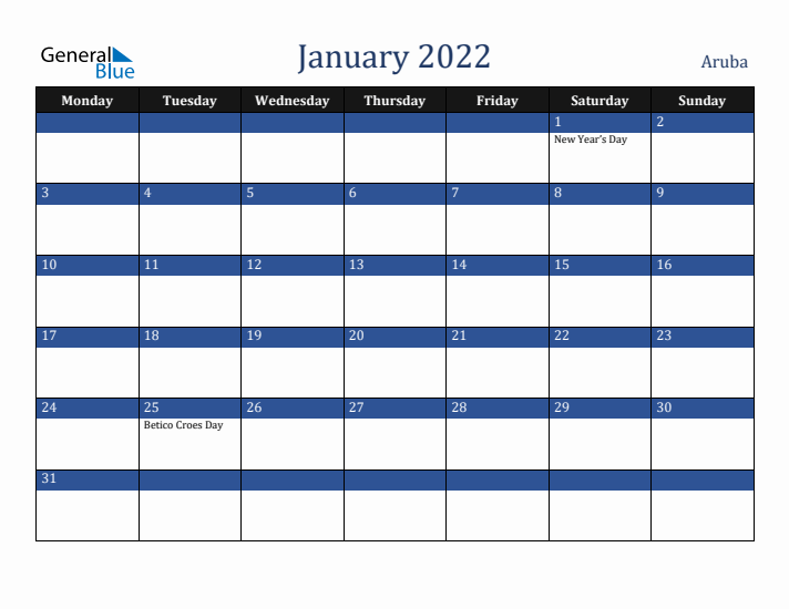 January 2022 Aruba Calendar (Monday Start)