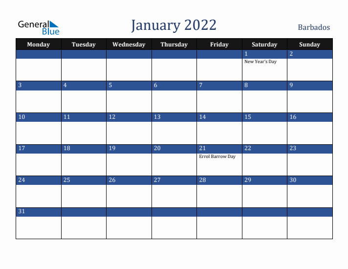 January 2022 Barbados Calendar (Monday Start)
