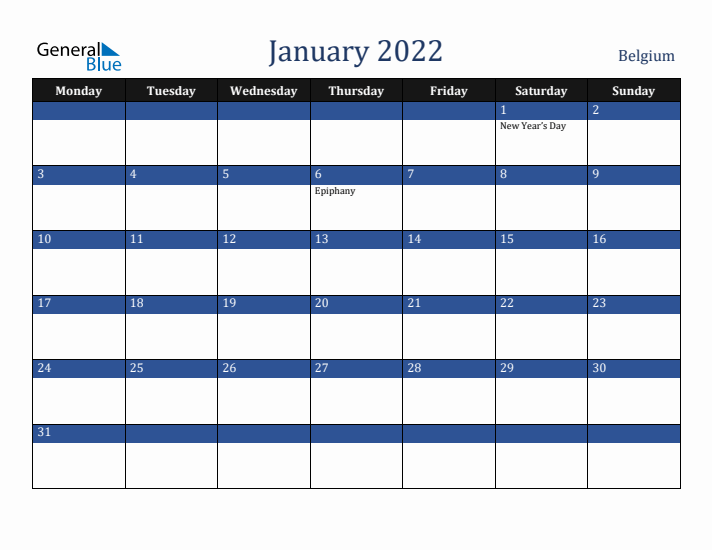 January 2022 Belgium Calendar (Monday Start)