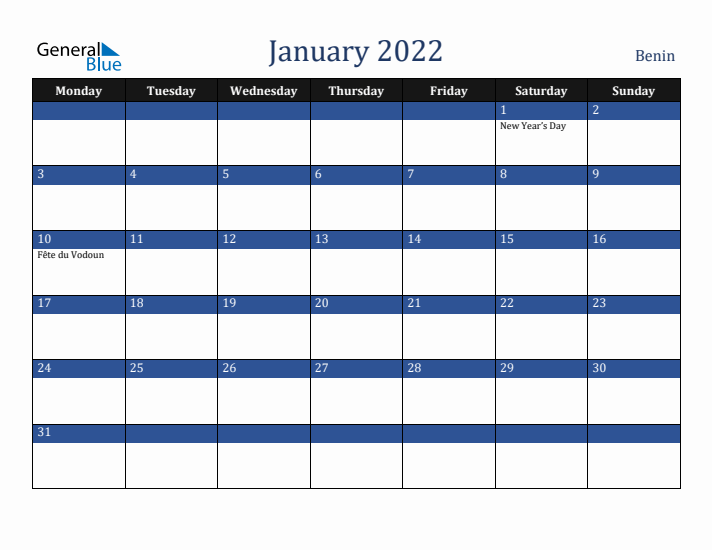 January 2022 Benin Calendar (Monday Start)