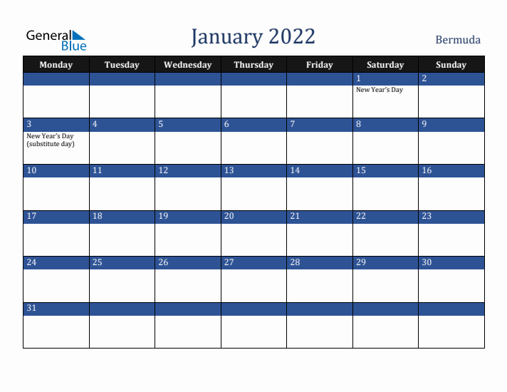 January 2022 Bermuda Calendar (Monday Start)