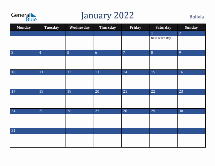 January 2022 Bolivia Calendar (Monday Start)