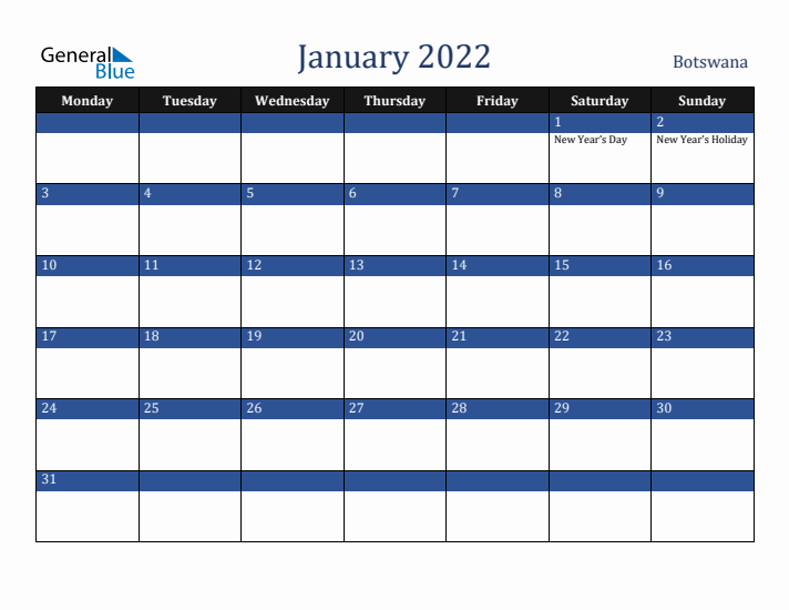 January 2022 Botswana Calendar (Monday Start)