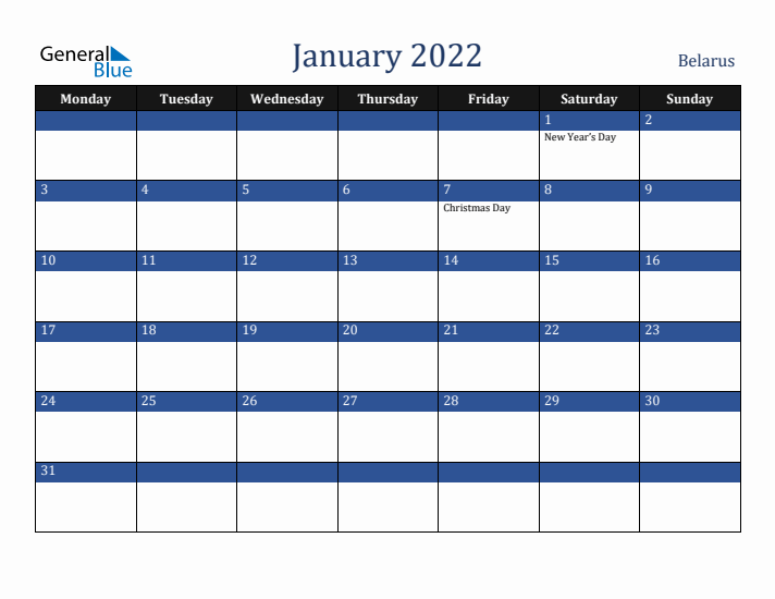 January 2022 Belarus Calendar (Monday Start)
