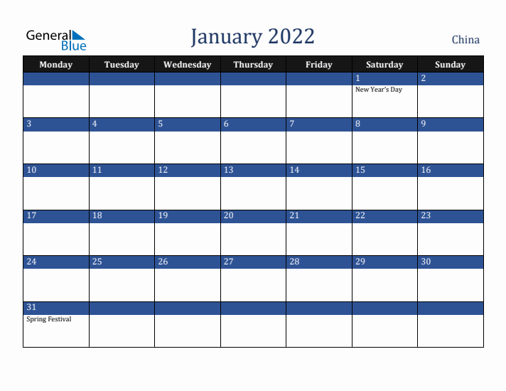 January 2022 China Calendar (Monday Start)