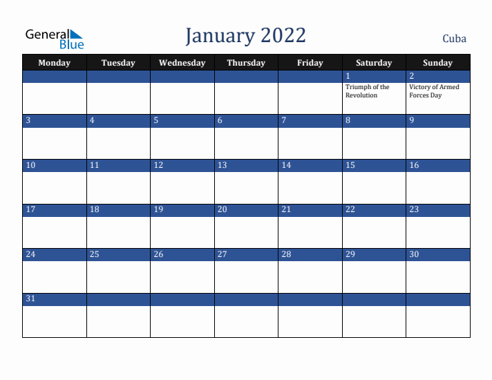 January 2022 Cuba Calendar (Monday Start)