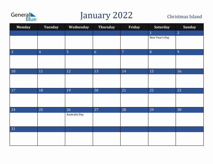 January 2022 Christmas Island Calendar (Monday Start)