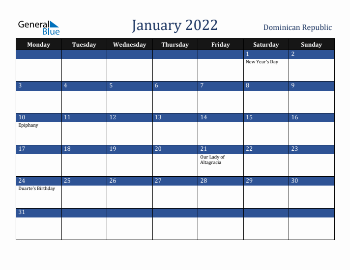 January 2022 Dominican Republic Calendar (Monday Start)