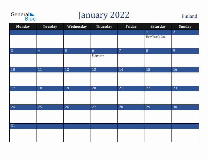 January 2022 Finland Calendar (Monday Start)