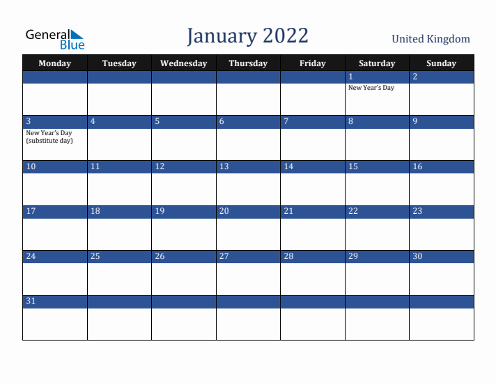 January 2022 United Kingdom Calendar (Monday Start)