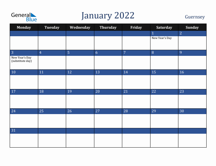 January 2022 Guernsey Calendar (Monday Start)