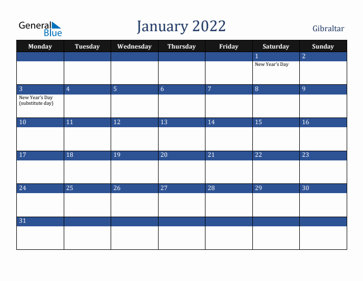 January 2022 Gibraltar Calendar (Monday Start)