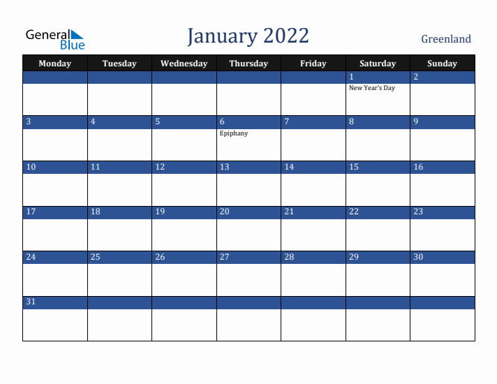 January 2022 Greenland Calendar (Monday Start)