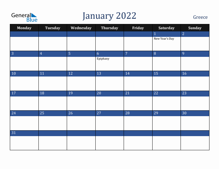 January 2022 Greece Calendar (Monday Start)