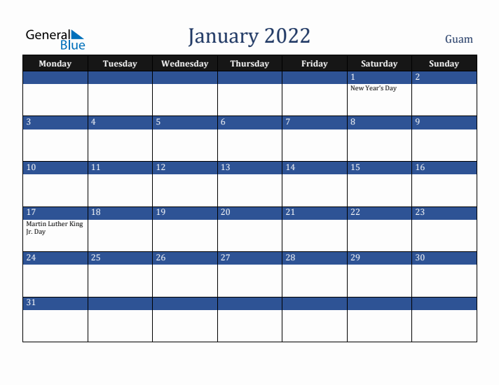 January 2022 Guam Calendar (Monday Start)