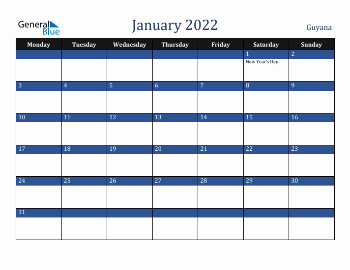 January 2022 Guyana Calendar (Monday Start)