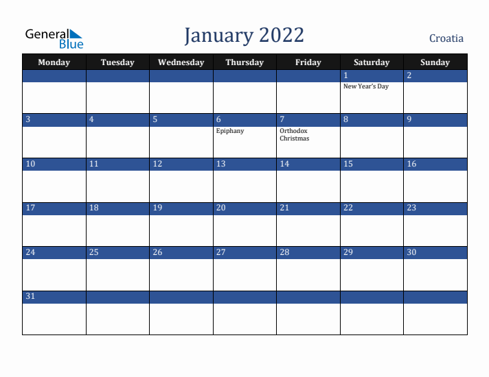 January 2022 Croatia Calendar (Monday Start)