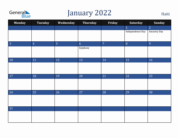 January 2022 Haiti Calendar (Monday Start)