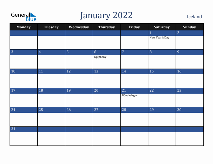 January 2022 Iceland Calendar (Monday Start)