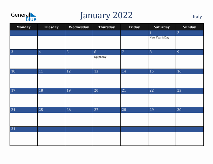 January 2022 Italy Calendar (Monday Start)