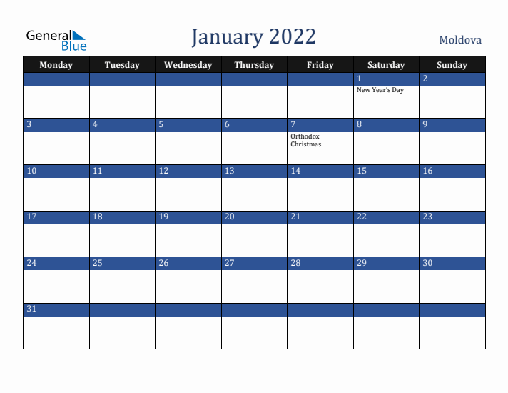 January 2022 Moldova Calendar (Monday Start)