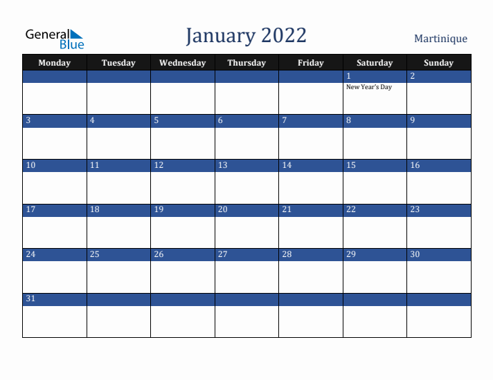January 2022 Martinique Calendar (Monday Start)