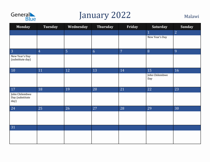 January 2022 Malawi Calendar (Monday Start)