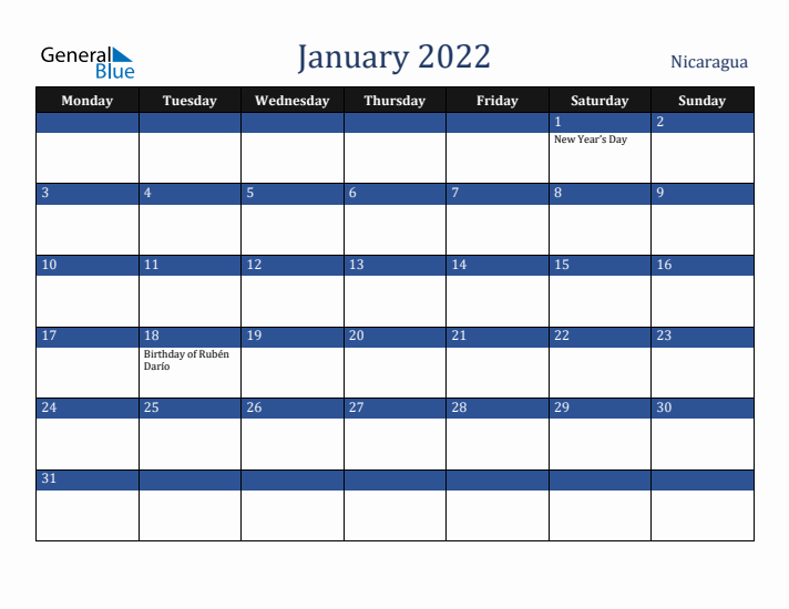 January 2022 Nicaragua Calendar (Monday Start)