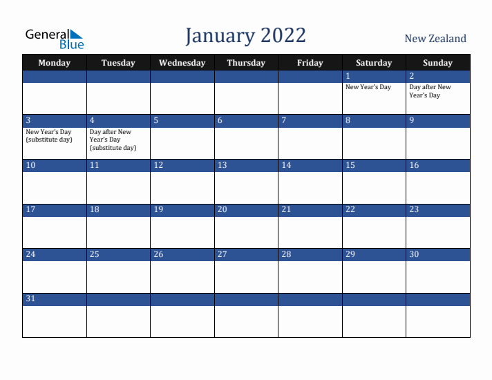 January 2022 New Zealand Calendar (Monday Start)