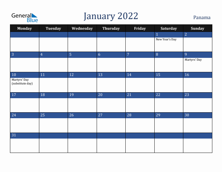 January 2022 Panama Calendar (Monday Start)