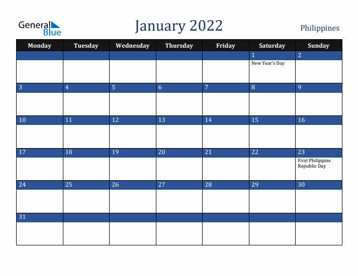 January 2022 Philippines Calendar (Monday Start)