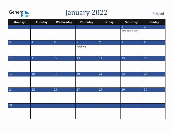 January 2022 Poland Calendar (Monday Start)