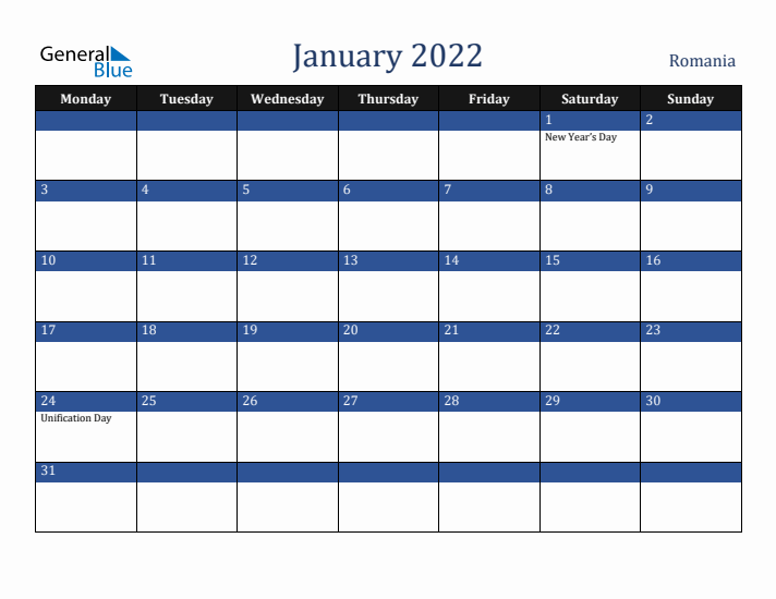 January 2022 Romania Calendar (Monday Start)